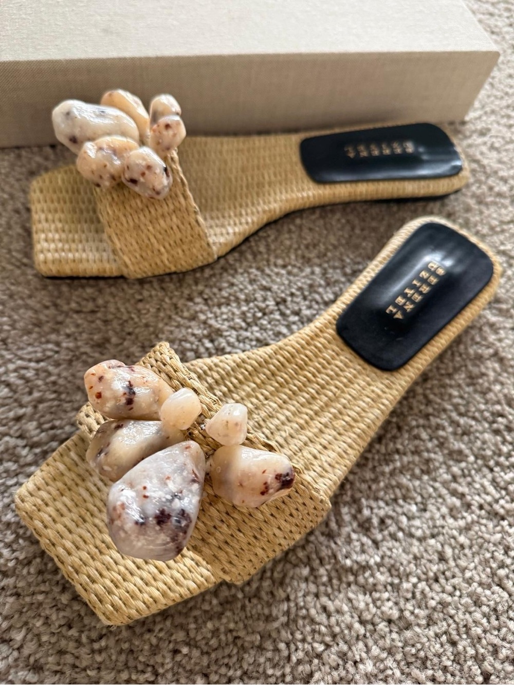 Serena Uziyel Beaded Natural Raffia Slide Sandals Made In Italy